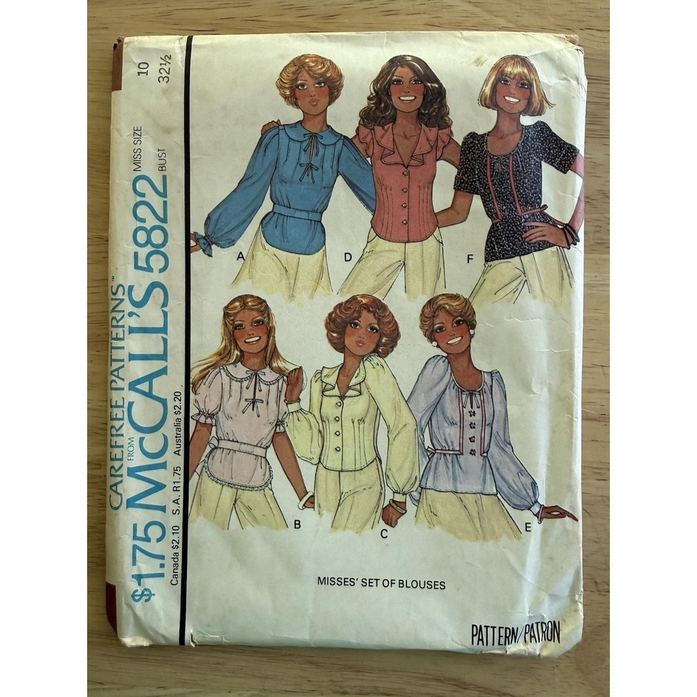 McCall's Carefree Pattern 5822 Misses' Set Of Blouses Size 10 Bust 32.5" CUT